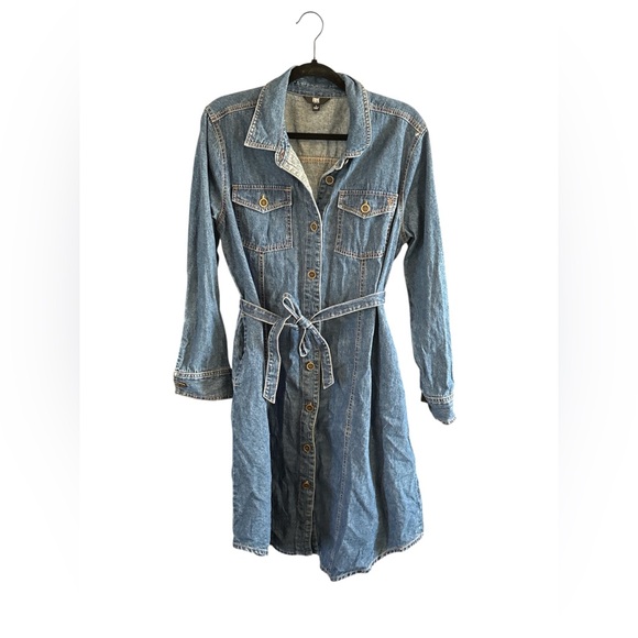 Frye Denim Button-Up Shirt Dress Belted Midi 100% Cotton Size L - Picture 2 of 3